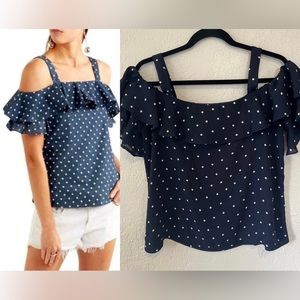 J. Crew Navy Polka Dot Ruffle Sleeves Open Shoulder Blouse size 6
